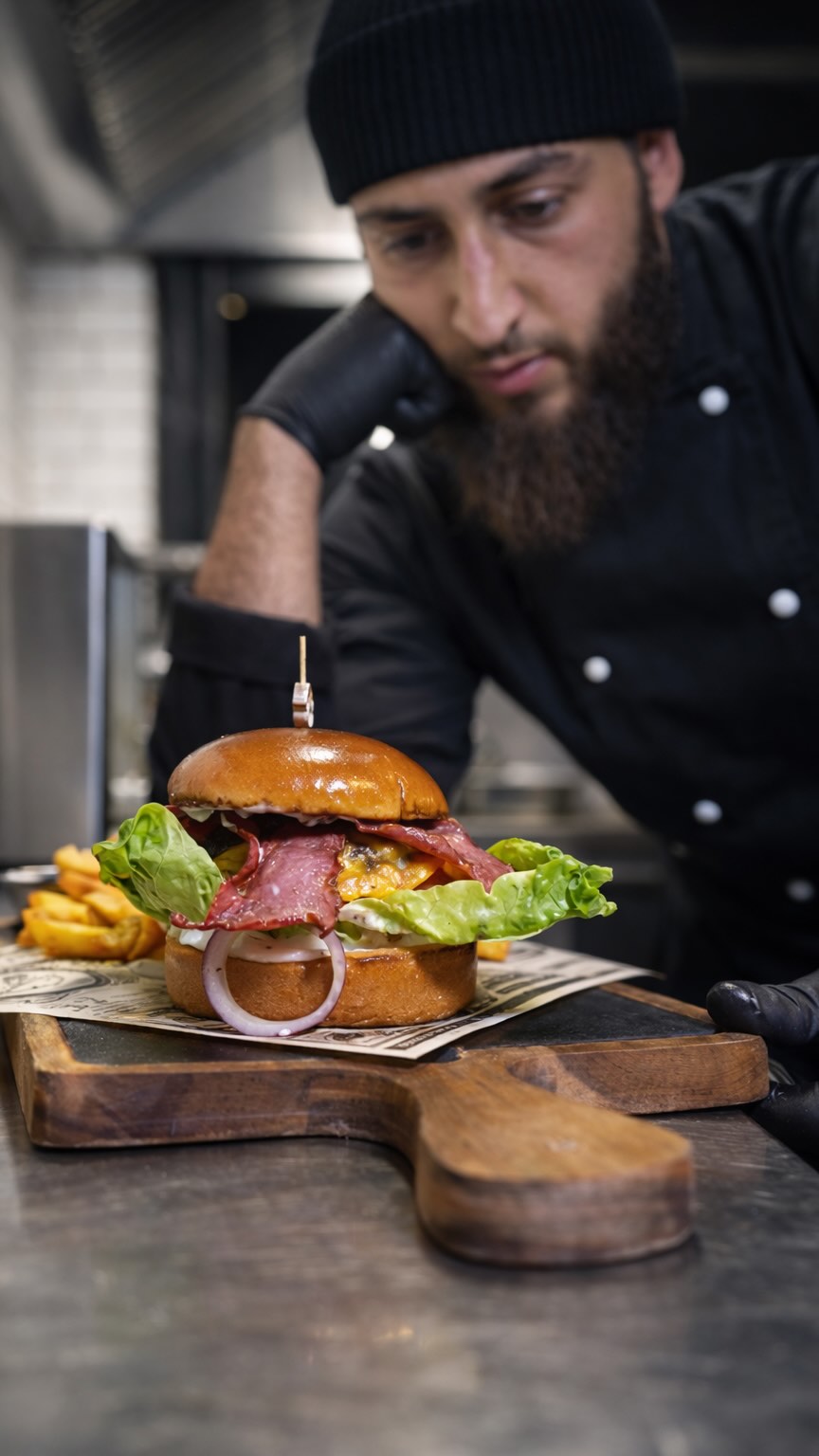 Pastrami Burger vom Chef gestapelt